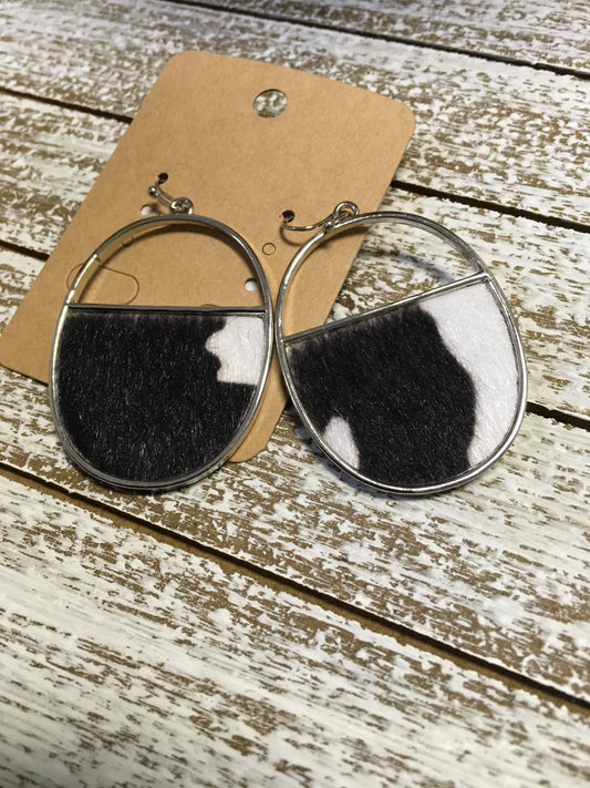 Silvertone Metal Cowhide Dangle Earrings