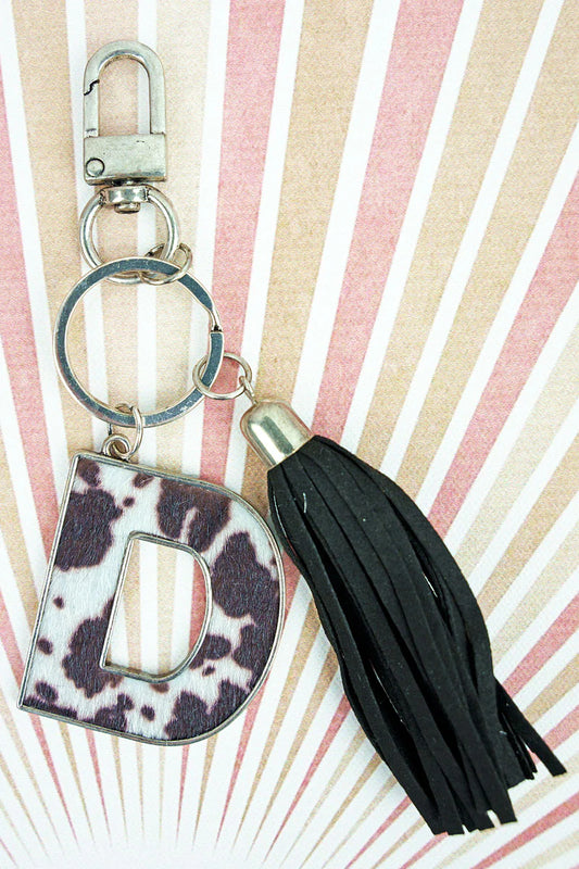 Cow Hide Initial Tassel Keychain