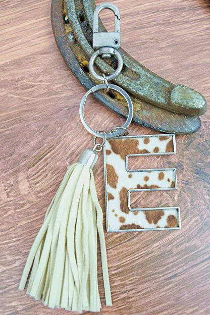 Cow Hide Initial Tassel Keychain