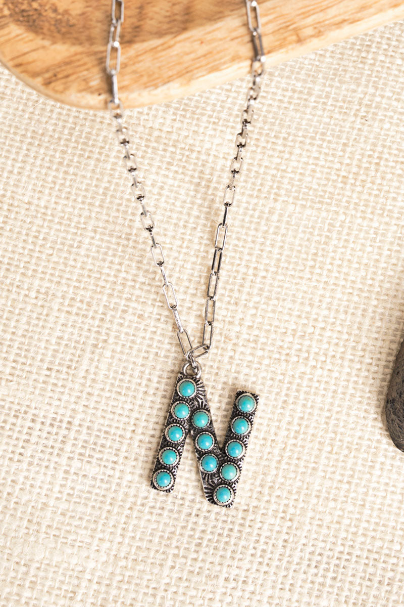 TURQUOISE BEADED SILVERTONE INITIAL NECKLACE