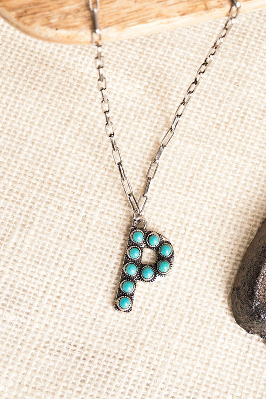 TURQUOISE BEADED SILVERTONE INITIAL NECKLACE